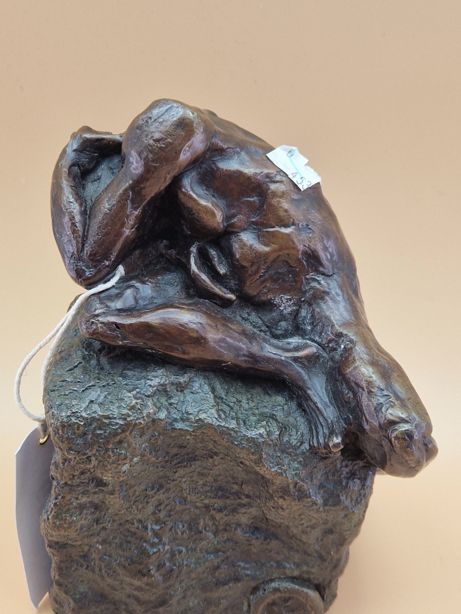 FELIPE GONZALEZ, A CONTEMPORARY BRONZE SCULPTURE OF A NAKED MAN CROUCHED ON A ROCK. H 18cms. - Image 2 of 7