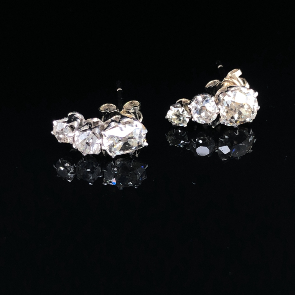 OLD CUT DIAMOND EARRINGS. EACH STUD SET WITH THREE VARIOUS CUT OLD CUT DIAMONDS. STUD ONE DETAILS, - Image 2 of 7