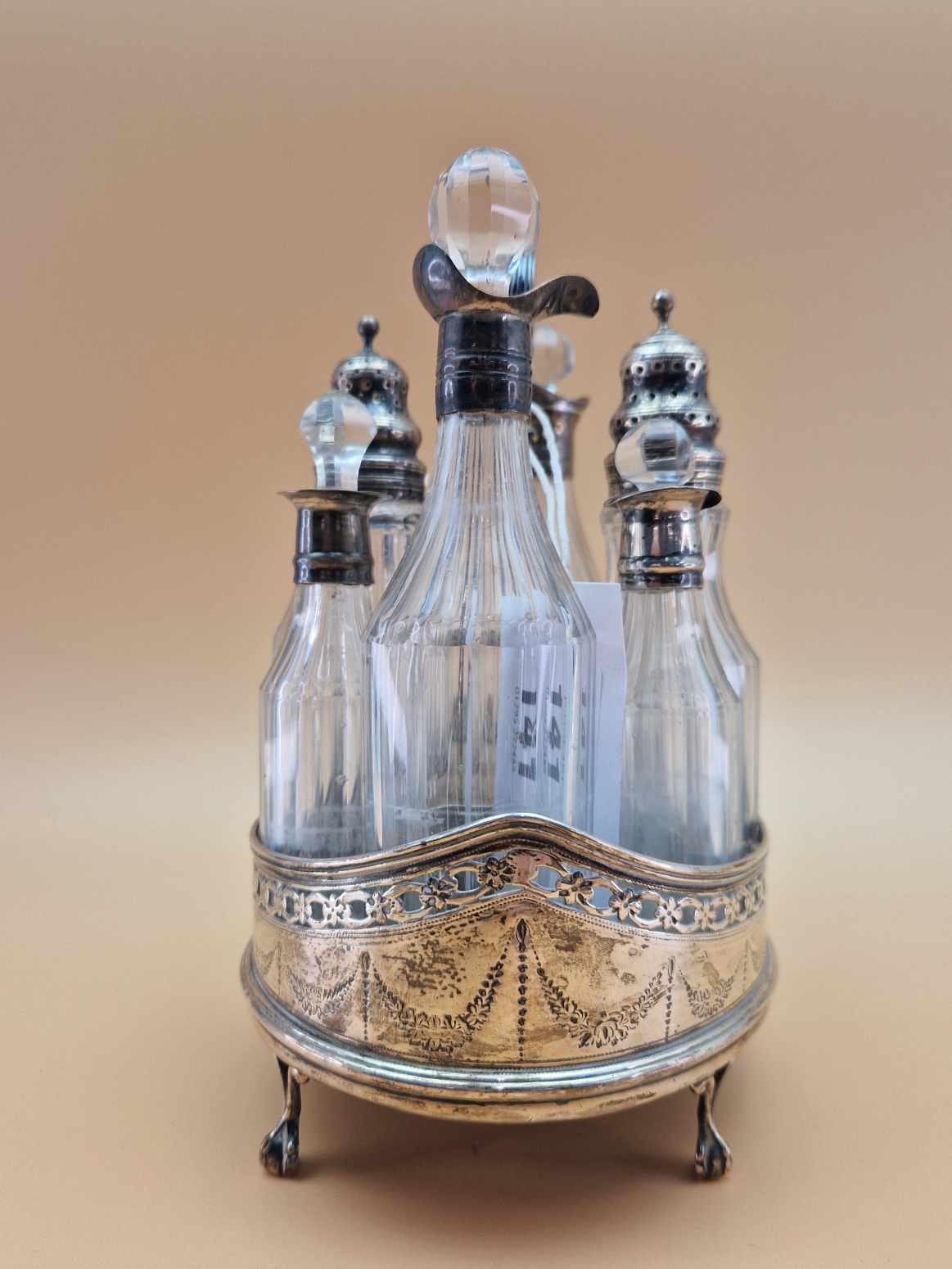 A SILVER CRUET STAND AND EIGHT BOTTLES WITH SILVER MOUNTS, LARGELY LONDON 1813 BUT ONE LONDON 1801 - Image 4 of 6