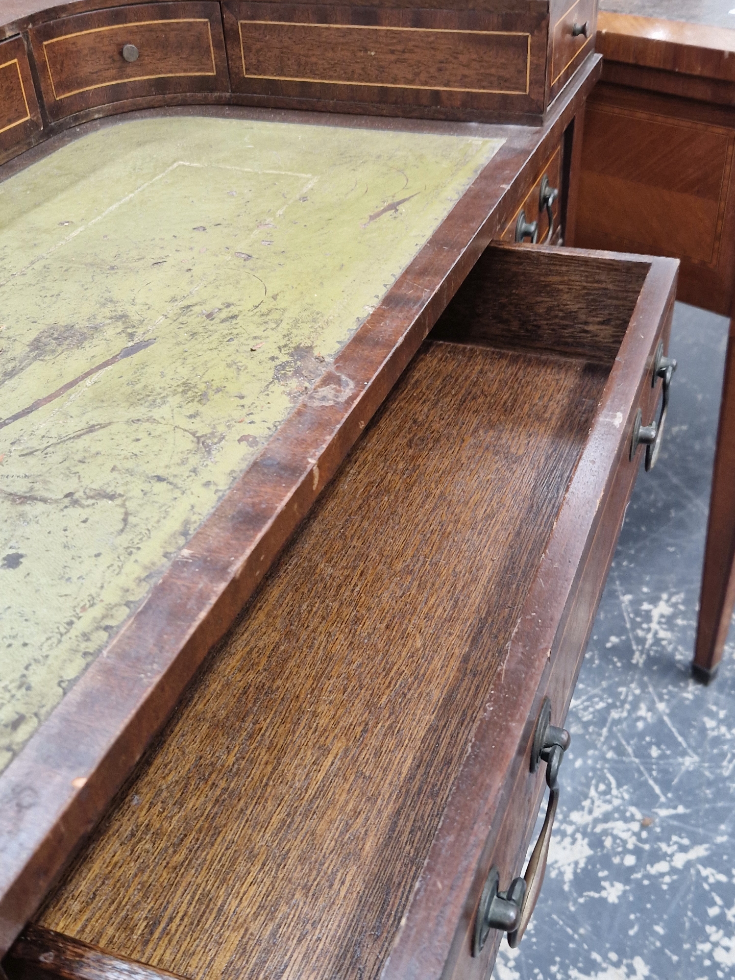 A MAHOGANY CARLTON HOUSE DESK, THE GALLERIED BACK ABOVE FIVE LINE INLAID DRAWERS BEFORE THE GREEN - Image 9 of 10