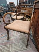 A SET OF EIGHT REGENCY BRASS INLAID STAINED WOOD CHAIRS INCLUDING TWO WITH ARMS, EACH WITH A