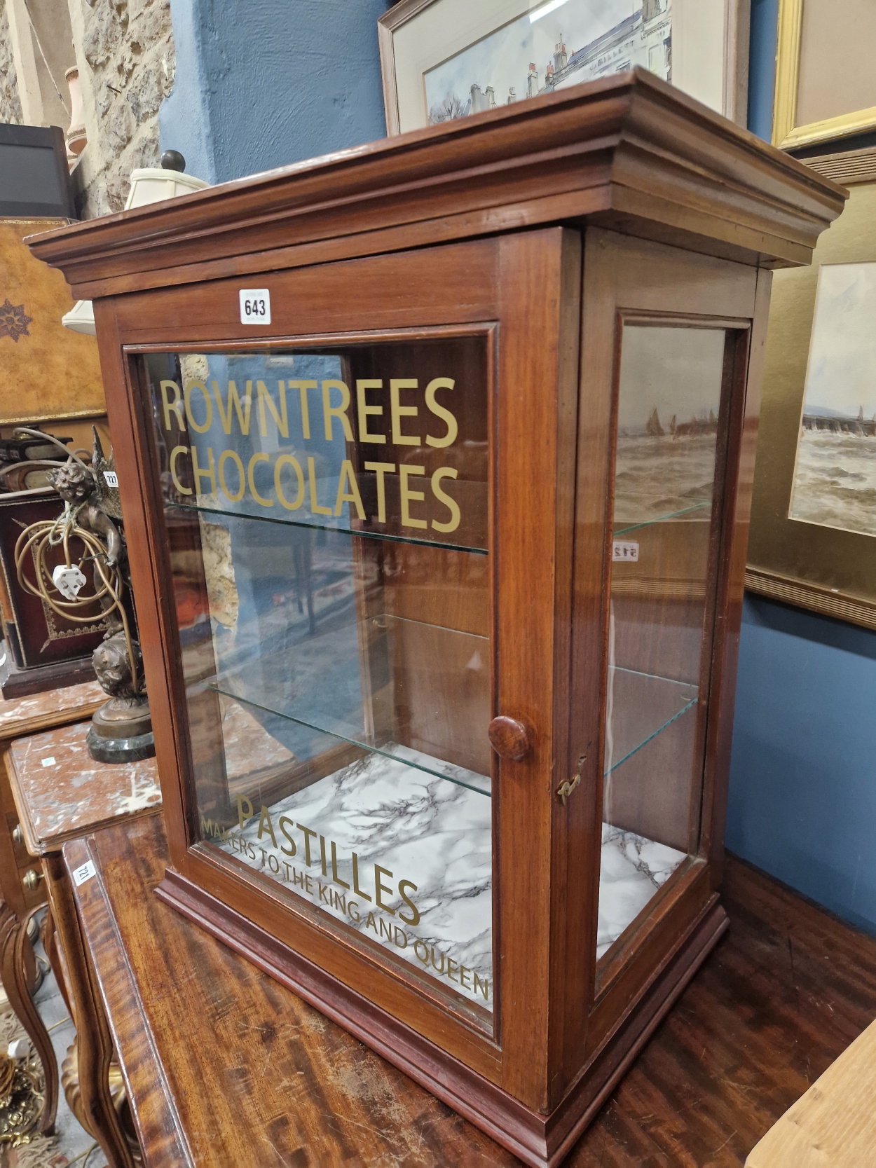 A GLAZED MAHOGANY COUNTER TOPPED CABINET WITH TWO GLASS SHELVES, THE DOOR INSCRIBED ROWNTREES - Image 3 of 3