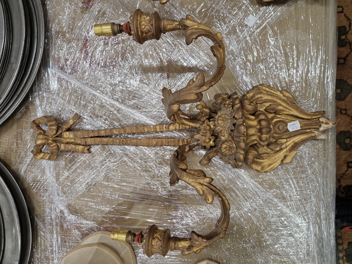 A PAIR OF 19th C. GILT GESSO AND WOOD TWO BRANCH GIRANDOLES, NOW WITH CANDLE LIGHT SOCKETS, THE ARMS - Image 2 of 7