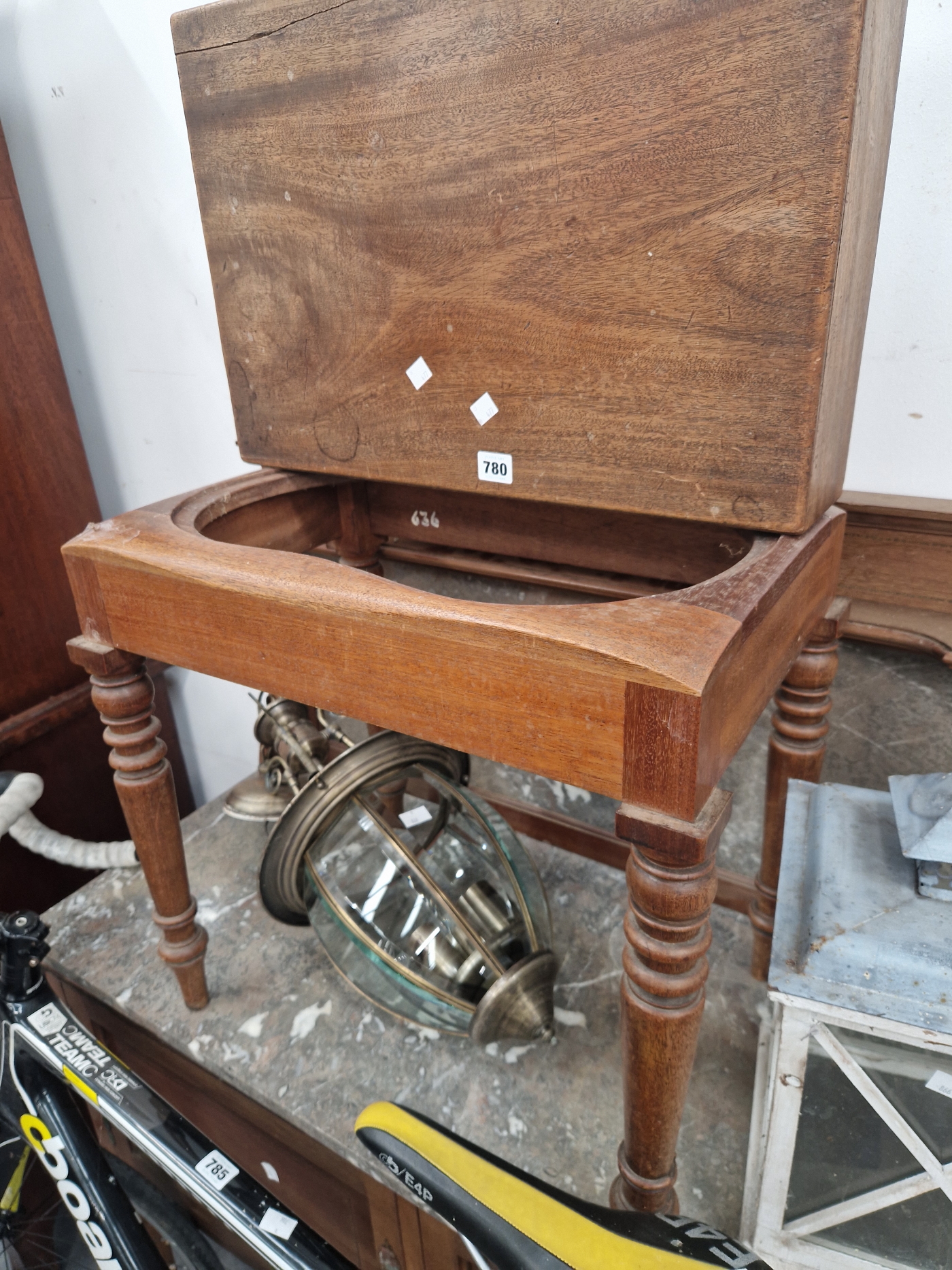 TWO SIMILAR MAHOGANY BIDET STOOLS ON TURNED LEGS TAPERING TO SPINDLE FEET - Image 4 of 4