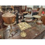 A COPPER EPERGNE, THREE BRASS TRIVETS, A COPPER KETTLE AND ANOTHER ON A BRASS STAND