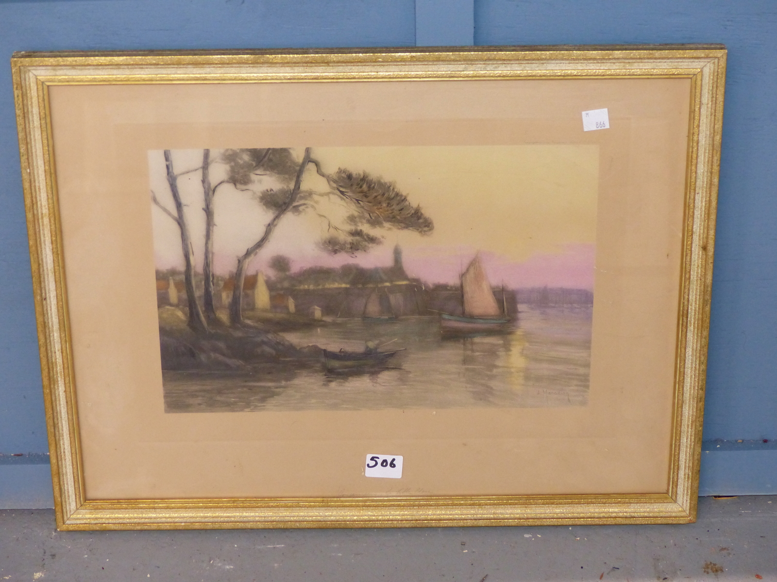 A COLOUR LITHOGRAPH OF CONCARNEAU AFTER J. MARCELIN, TOGETHER WITH A BATIQUE OF A HOUSE SIGNED S. - Image 2 of 4