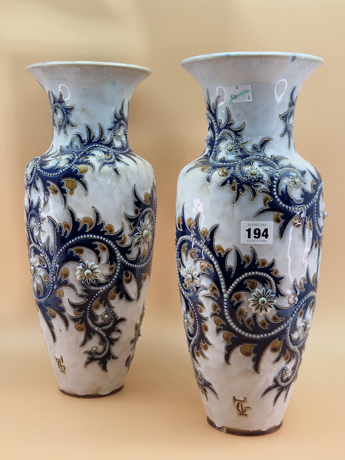 A PAIR OF ROYAL DOULTON VASES BY GEORGE TINWORTH DECORATED IN RELIEF WITH BEADED BLUE VINES - Image 2 of 8