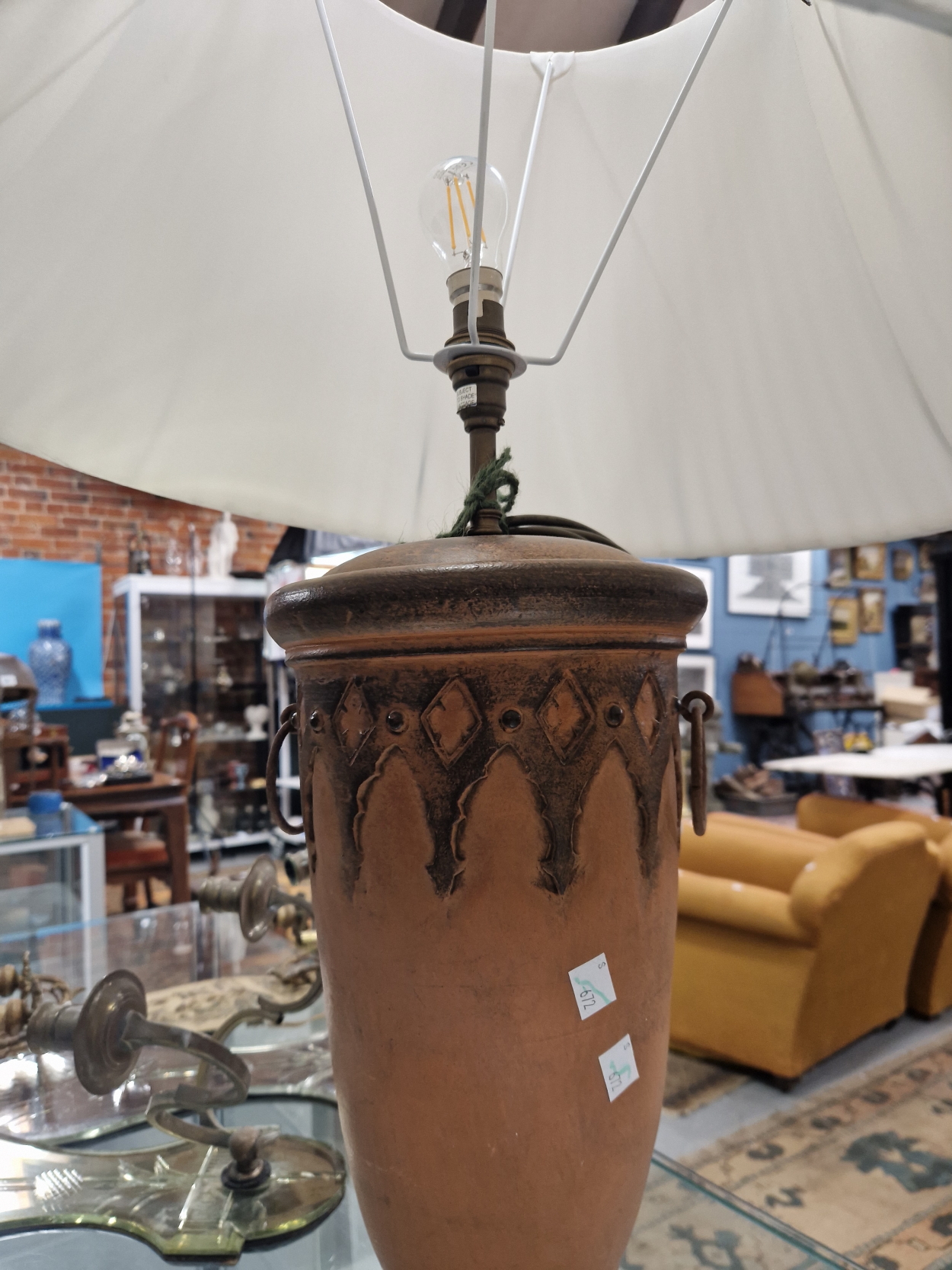 A PAIR OF TERRACOTTA TABLE LAMPS, THE SLENDER OVOID SHAPES RAISED ON CIRCULAR FEET, TO THE TOP OF - Image 5 of 6