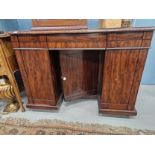 A 19th C. MAHOGANY PEDESTAL DESK WITH THREE APRON DRAWERS OVER A CENTRAL RECESSED CUPBOARD FLANKED