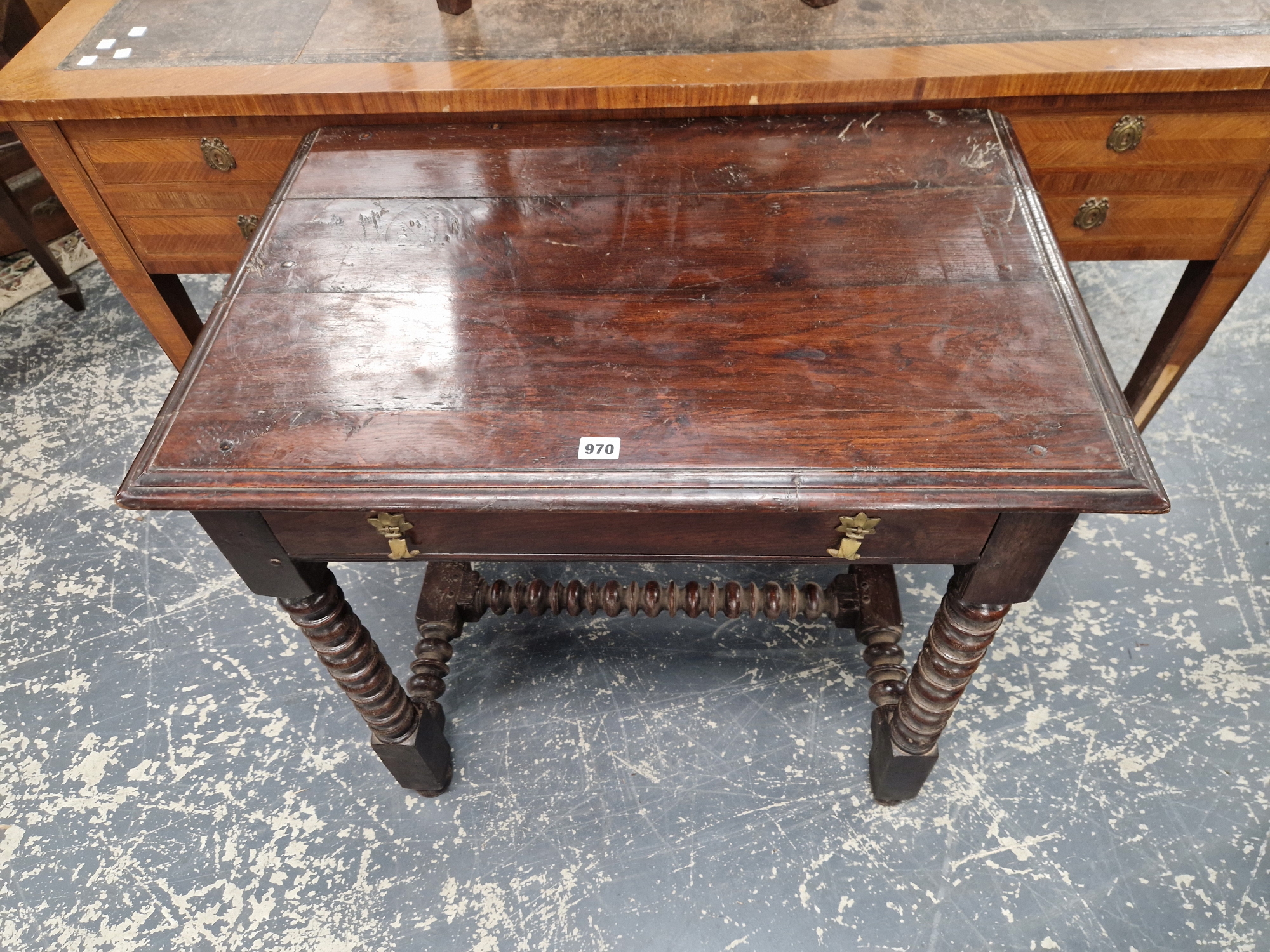 AN 18th C. OAK SIDE TABLE WITH A SINGLE DRAWER ABOVE THE RING AND BOBBIN TURNED LEGS. W 77 x 52 x - Image 2 of 5