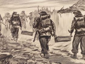 ARTHUR WARD, BRITISH 1906-1995. WW2 BRITISH TROOPS MOVING AMMO CRATES THROUGH A BOMBED OUT