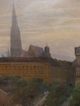 A. BARKER (20TH CENTURY), ST STEPHEN'S CATHEDRAL, VIENNA AUSTRIA, SIGNED OIL ON CANVAS, 56 X 76CM.