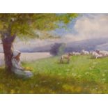 HUTTON MITCHELL (1872-1939), LANDSCAPE WITH YOUNG GIRL AND LAMBS, SIGNED, WATERCOLOUR, 54.5 X 36.