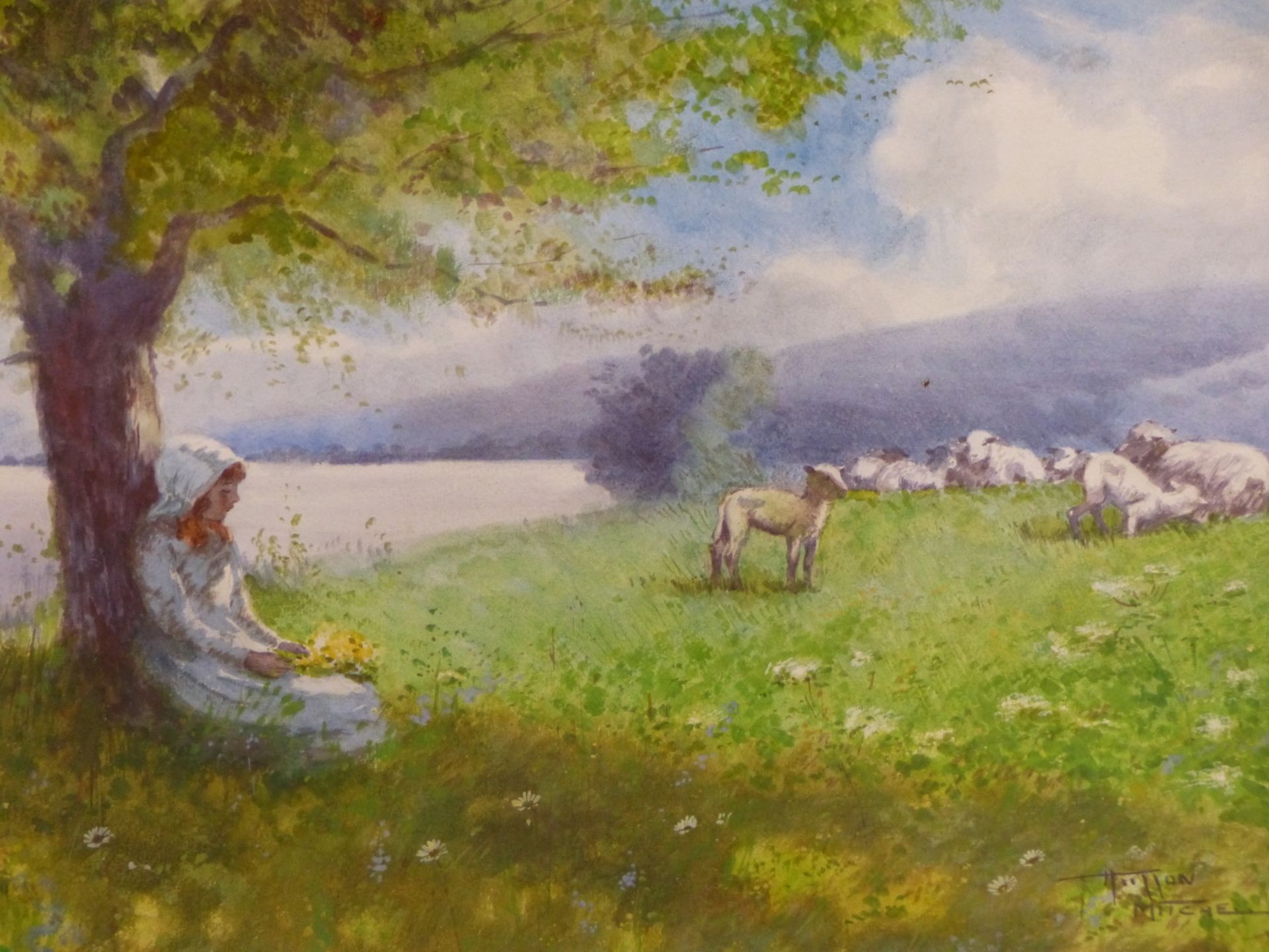 HUTTON MITCHELL (1872-1939), LANDSCAPE WITH YOUNG GIRL AND LAMBS, SIGNED, WATERCOLOUR, 54.5 X 36.