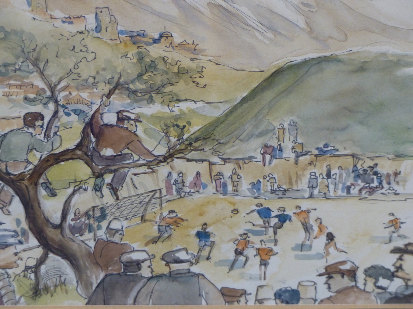 CONTINENTAL SCHOOL, 20TH C. A VILLAGE FOOTBALL MATCH, UNSIGNED WATERCOLOUR. 20 X 27 CM.