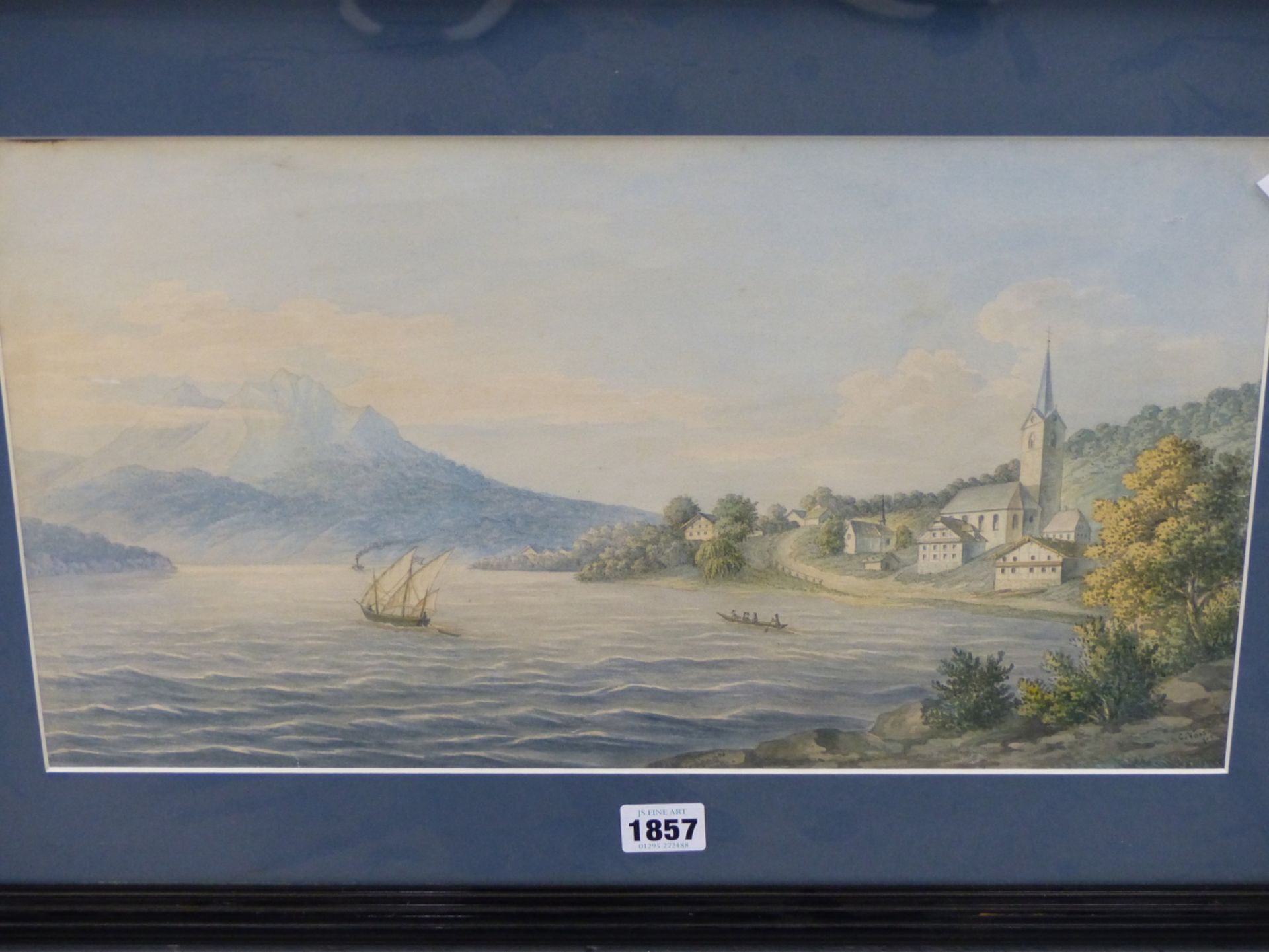 C. VOSS (19TH CENTURY), MOUNTAINOUS LANDSCAPE WITH BOATS ON A LAKE, SIGNED, WATERCOLOUR, 43 X 25. - Image 2 of 4