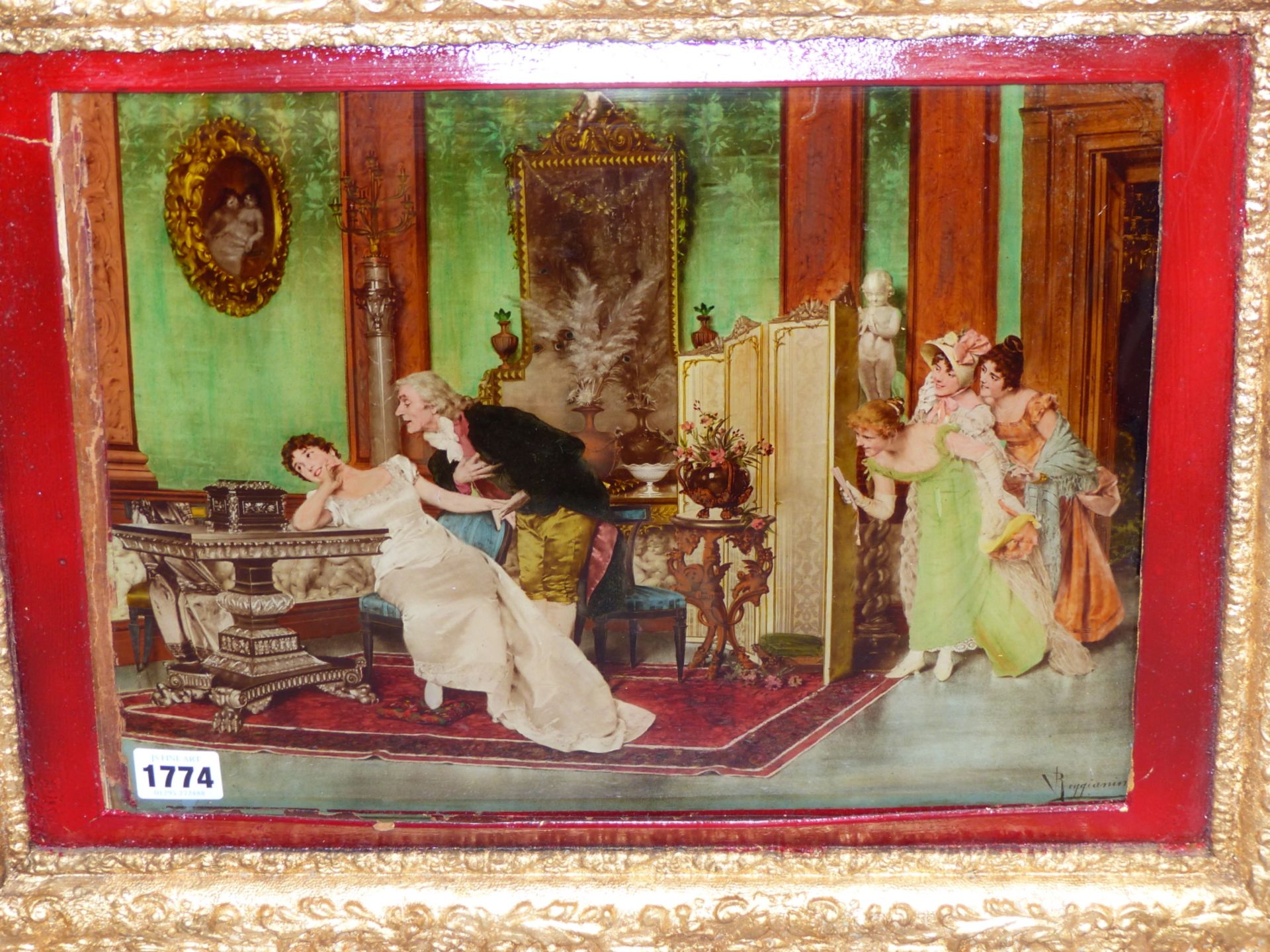 AFTER REGGIANINI, A CRYSTOLEUM ON CONVEX GLASS OF A COURTING COUPLE IN AN INTERIOR, 36.5 X 28CM. - Image 2 of 3