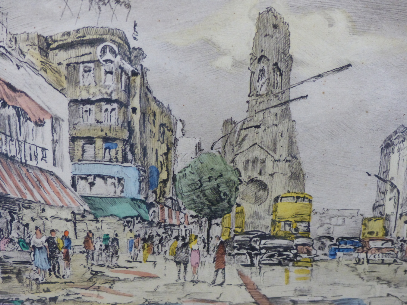 HORST MIESLER, GERMAN B.1934. BERLIN KURFURSTENDAMM. HAND COLOURED ETCHING, SIGNED IN PENCIL, 19 X