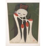 KAORU KAWANO (1916-1965) JAPANESE, LONG NECKS, WOODBLOCK PRINT, UNEXAMINED OUT OF FRAME, 24 X 37CM.