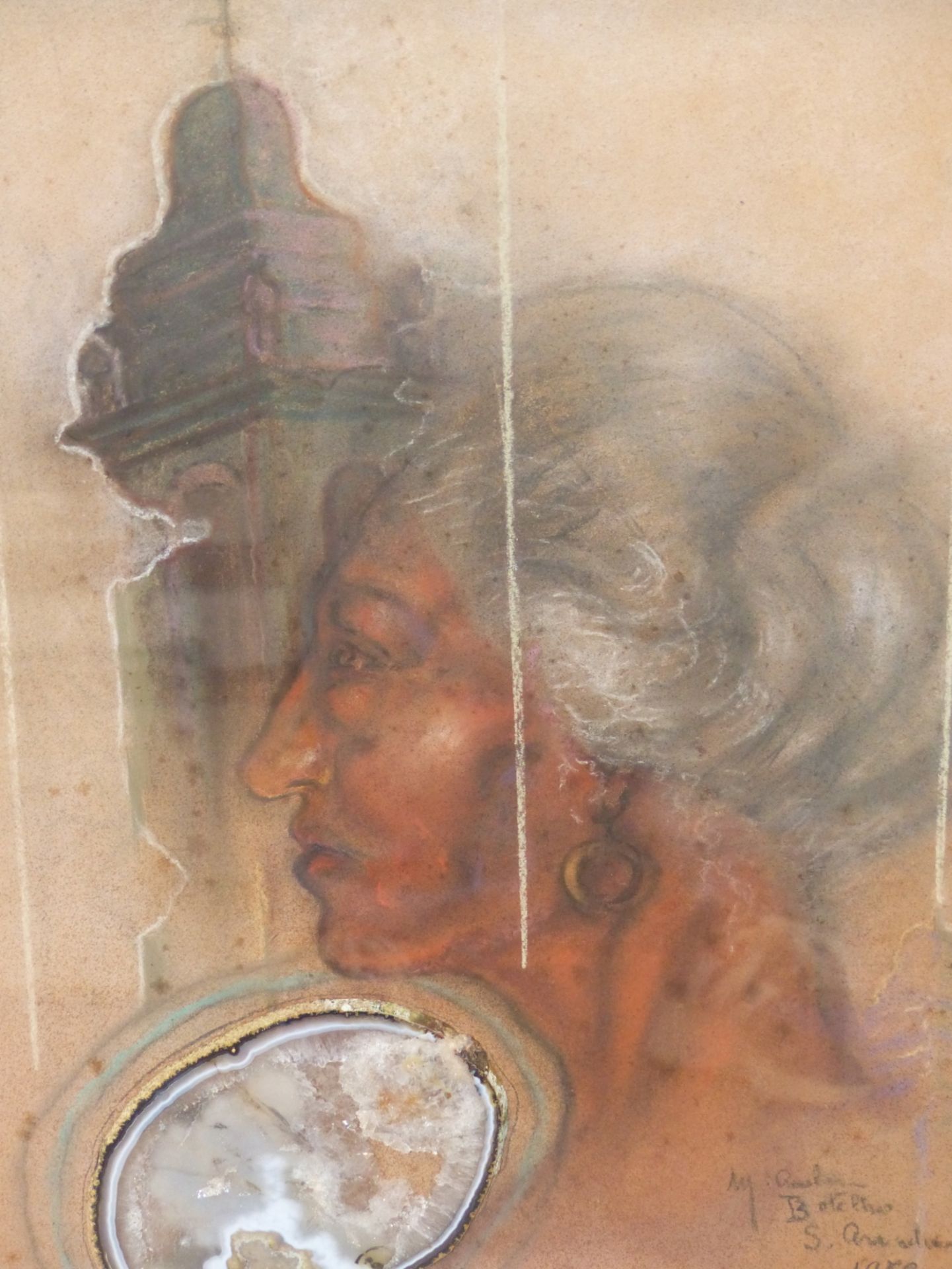 CONTINENTAL SCHOOL, 20TH C. PROFILE PORTRAIT OF A LADY BEFORE A EUROPEAN STYLE CHURCH SPIRE, WITH - Image 2 of 7