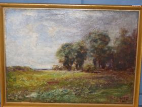 ROBERT HOPE, RSA. SCOTTISH 1869-1936, ABSTRACT COUNTRYSIDE WOODLAND SCENE, HEAVY IMPASTO OIL ON