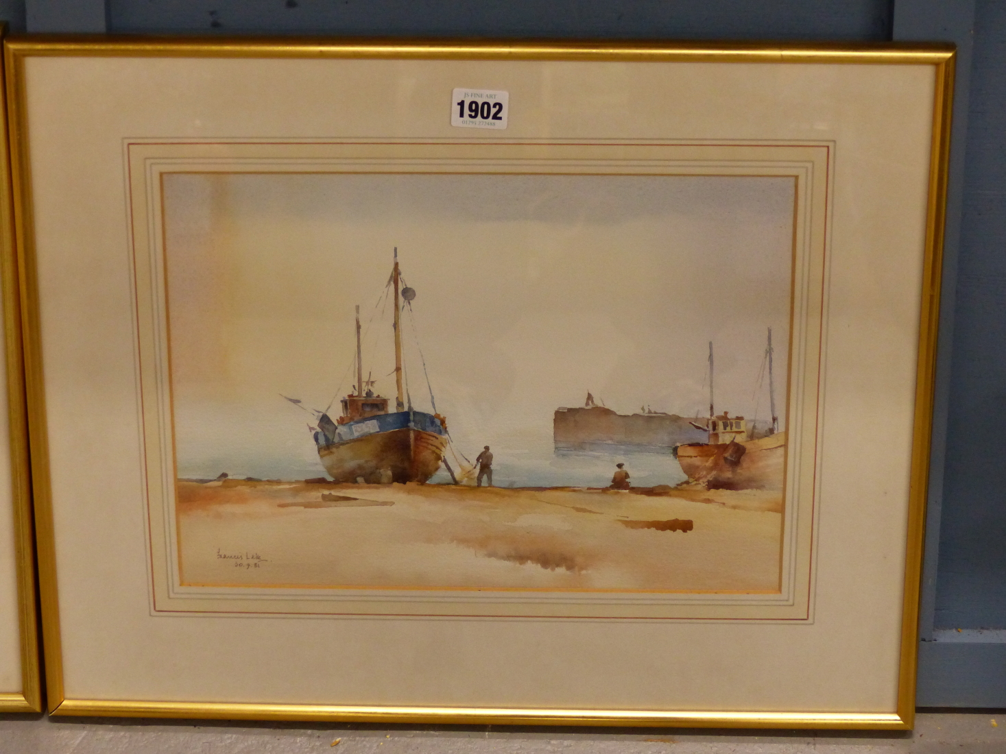 FRANCIS LEKE (1912-?), MOORED FISHING VESSEL WITH FIGURES, A PIER BEYOND, SIGNED AND DATED 30.9.81 - Image 2 of 5