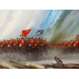 JOHN BAMPFIELD (B.1947) ARR, CAVALRY CHARGE TOWARDS CANNONS, SIGNED, OIL ON CANVAS, 120.5 X 44.5CM.
