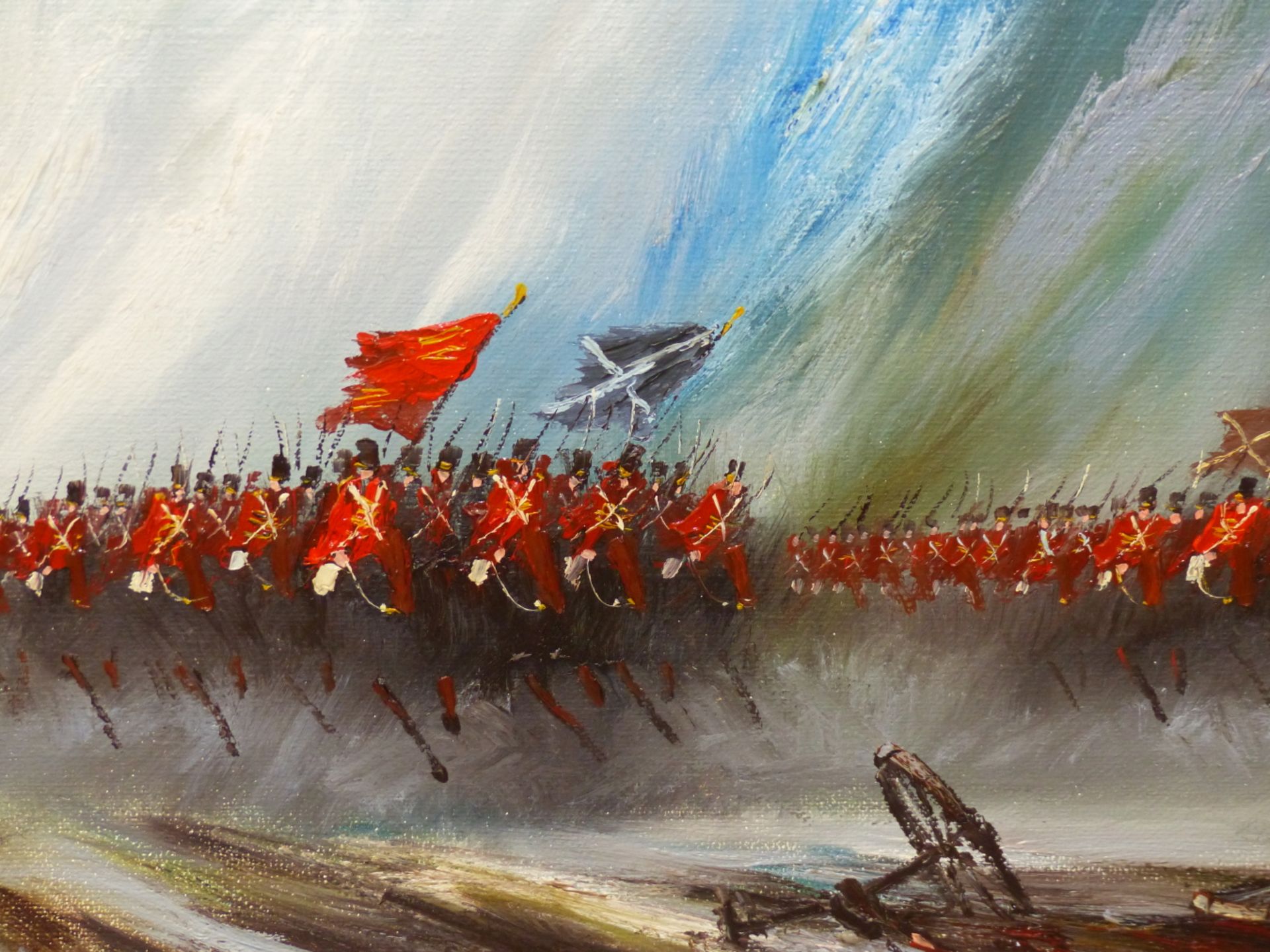 JOHN BAMPFIELD (B.1947) ARR, CAVALRY CHARGE TOWARDS CANNONS, SIGNED, OIL ON CANVAS, 120.5 X 44.5CM.
