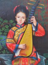 A SET OF THREE MODERN CHINESE FULL LENGTH PORTRAITS OF FEMALE MUSICIANS,