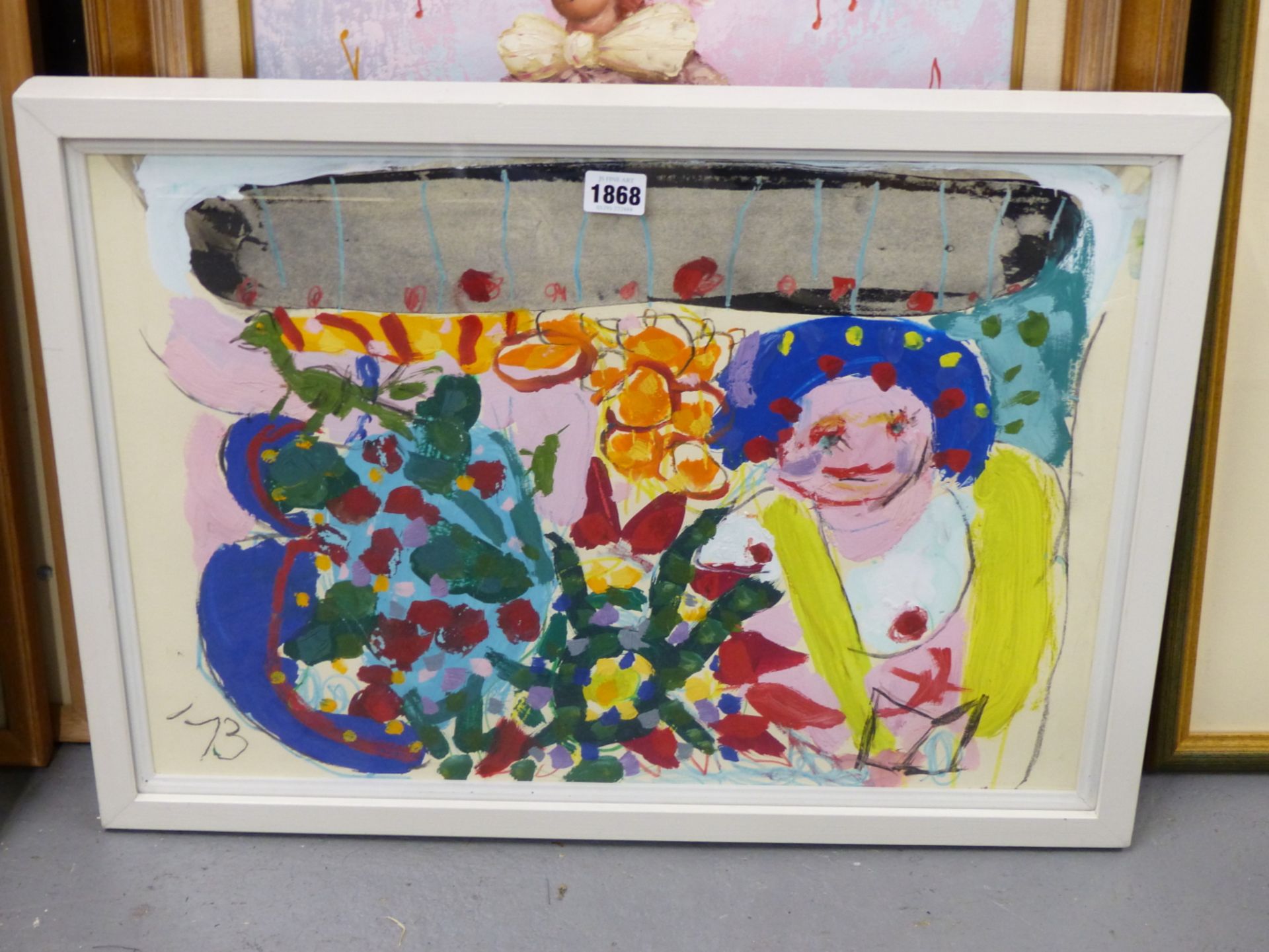 20TH CENTURY BRITISH SCHOOL, LADY WITH FLOWERS, DATED '73, MIXED MEDIA, 54 X 38.5CM. - Image 3 of 7