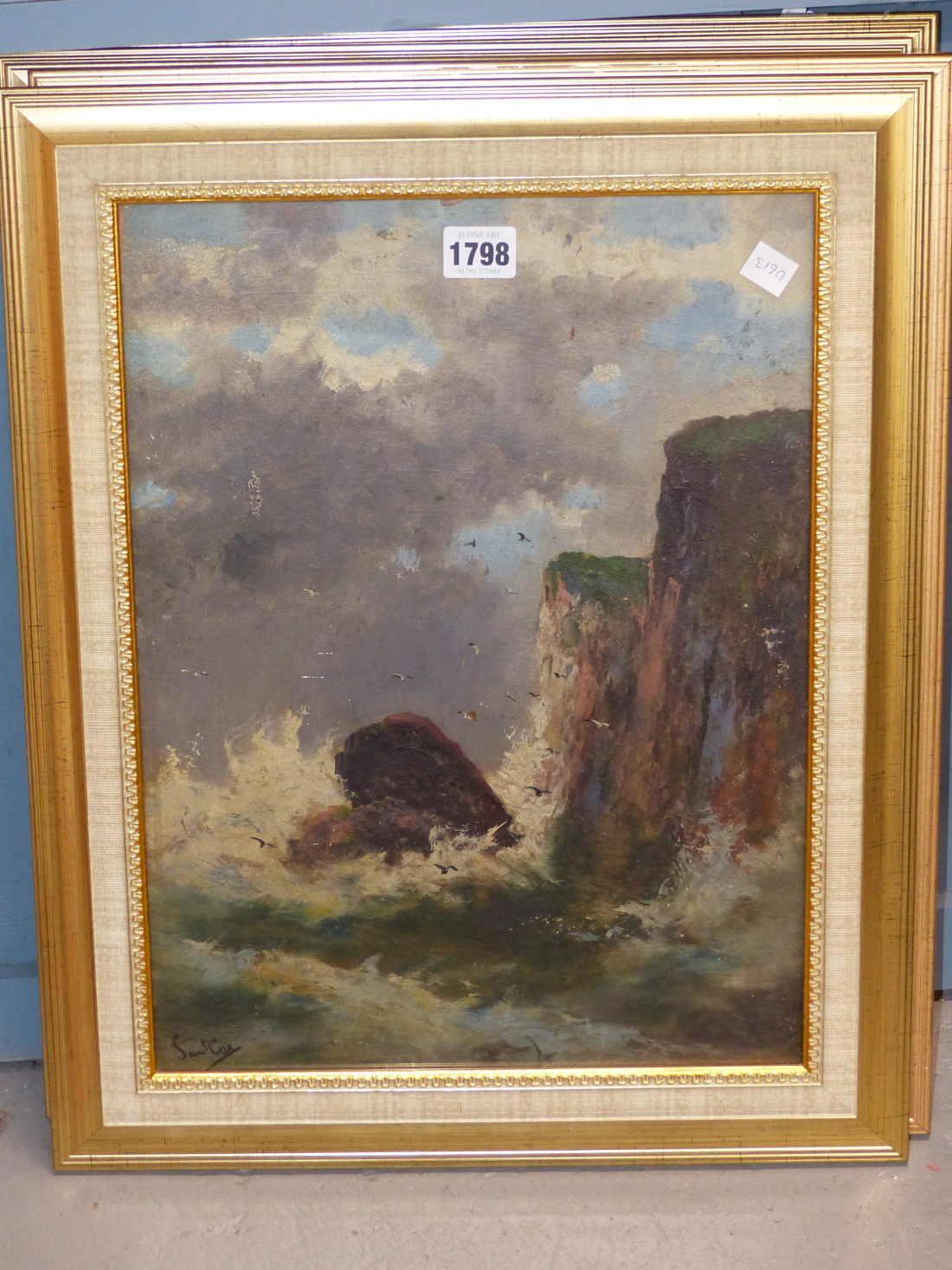 SAMUEL COX (EARLY 20TH CENTURY), A SHIP WRECK NEAR CLIFFS, AND COMPANION OF STORMY SEAS, SIGNED, - Bild 2 aus 8