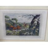 A SET OF SIX FOX HUNTING ENGRAVINGS WITH HAND COLOURING, 17 X 12CM (PL.) TOGETHER WITH AN