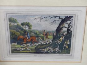 A SET OF SIX FOX HUNTING ENGRAVINGS WITH HAND COLOURING, 17 X 12CM (PL.) TOGETHER WITH AN