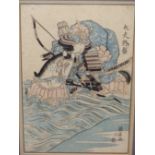 UTAGAWA KUNIKIYO, JAPANESE 1850-1887. SAMURAI IN FULL BATTLE DRESS RIDING HORSE IN THE SURF.