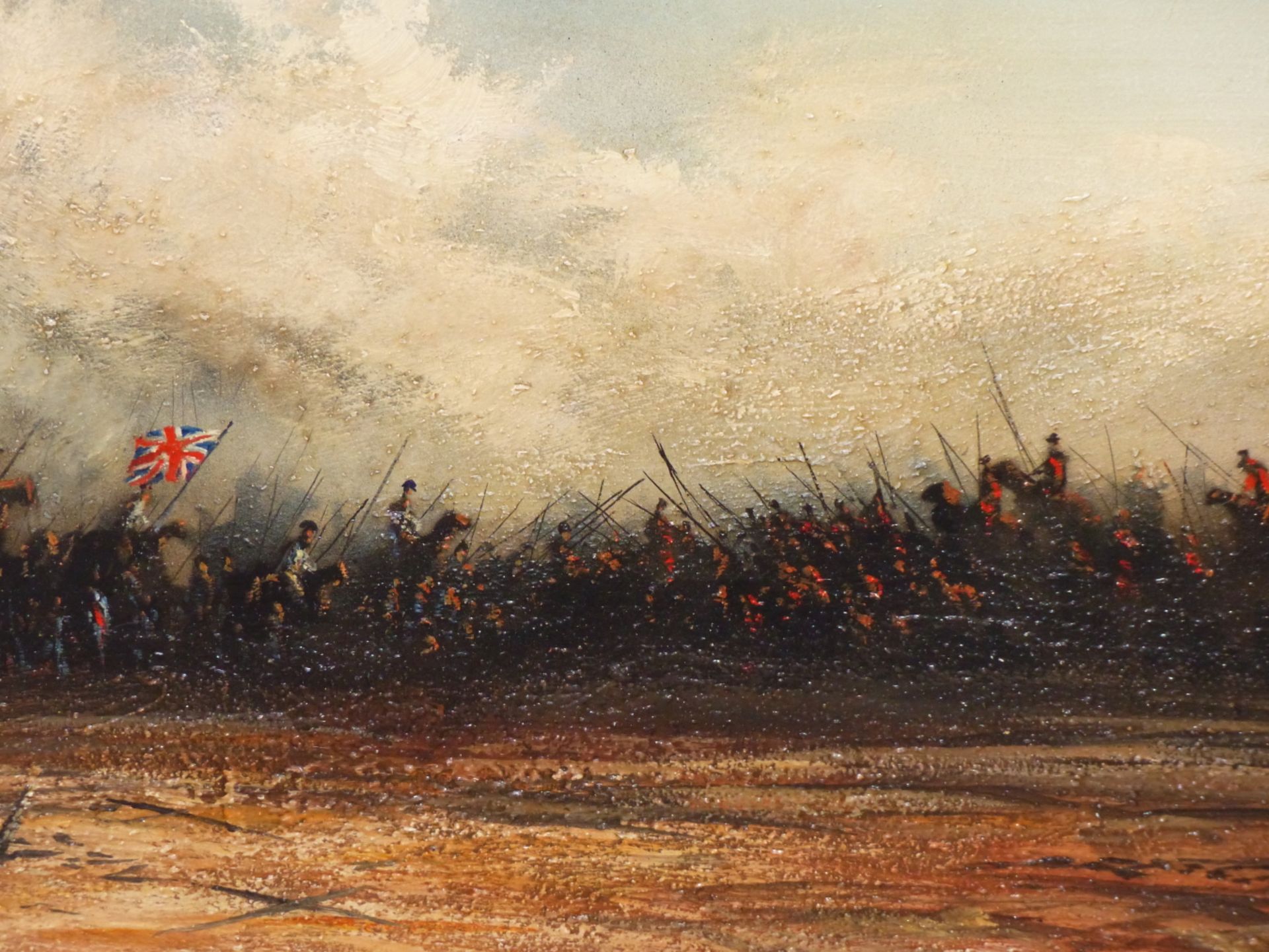 MIKE NANCE, BRITISH 20TH C. CONTEMPORARY NAPOLEONIC BATTLEFIELD SCENE. TEXTURED OIL ON BOARD, 45 X