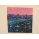 A POINTILLIST STYLE GOUACHE OF A VILLAGE AND FIELDS BY BRIAN WILSON, SIGNED, 17.5 X 20CM, TOGETHER