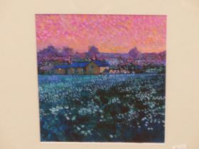 A POINTILLIST STYLE GOUACHE OF A VILLAGE AND FIELDS BY BRIAN WILSON, SIGNED, 17.5 X 20CM, TOGETHER