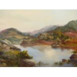 PRUDENCE TURNER (1930-2007) SCOTTISH, ARR, ON THE EDGE OF THE LAKE, HIGHLAND LANDSCAPE, SIGNED,