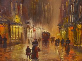 JOHN BAMPFIELD (B.1947) ARR, FIGURES IN A VICTORIAN CITY STREET AT NIGHT, SIGNED, OIL ON CANVAS,