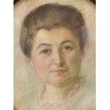 CONTINENTAL SCHOOL, 19TH C. OVAL PORTRAIT OF A LADY MONOGRAMMED "M.P". PASTEL ON PAPER, 42 X 37 CM.