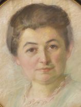 CONTINENTAL SCHOOL, 19TH C. OVAL PORTRAIT OF A LADY MONOGRAMMED "M.P". PASTEL ON PAPER, 42 X 37 CM.