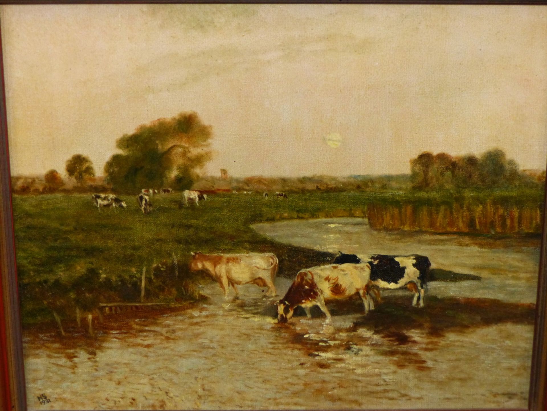 BRITISH SCHOOL (EARLY 20TH CENTURY), CATTLE IN WATER MEADOWS, SIGNED WITH INITIALS NS AND DATED