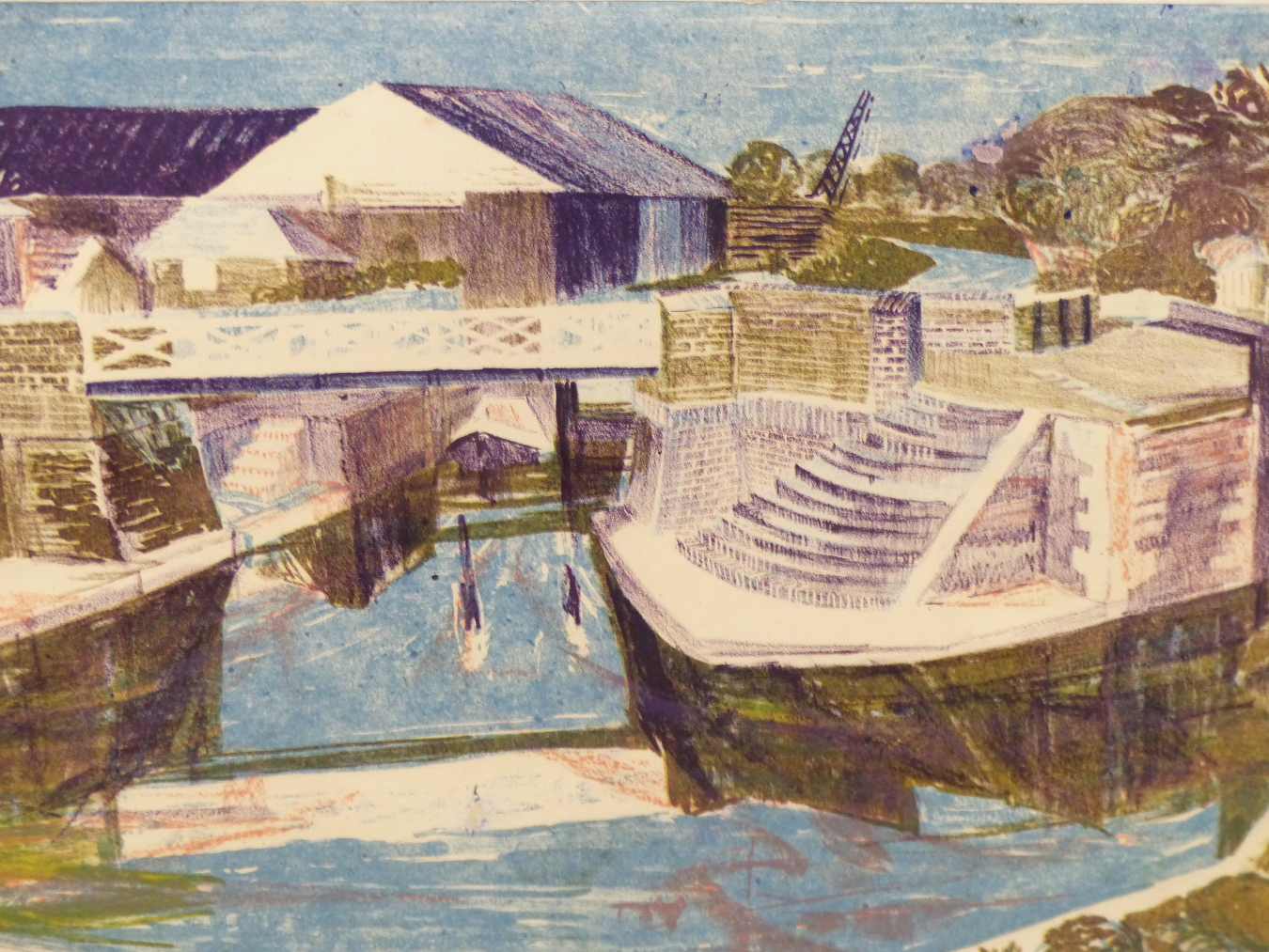 JANE CUMMINGS, BRITISH 1917-2001. LOCK GATES RICKMANSWORTH 1956, SIGNED IN PENCIL. LINO CUT PRINT,