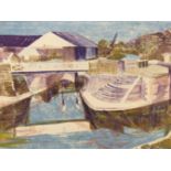 JANE CUMMINGS, BRITISH 1917-2001. LOCK GATES RICKMANSWORTH 1956, SIGNED IN PENCIL. LINO CUT PRINT,