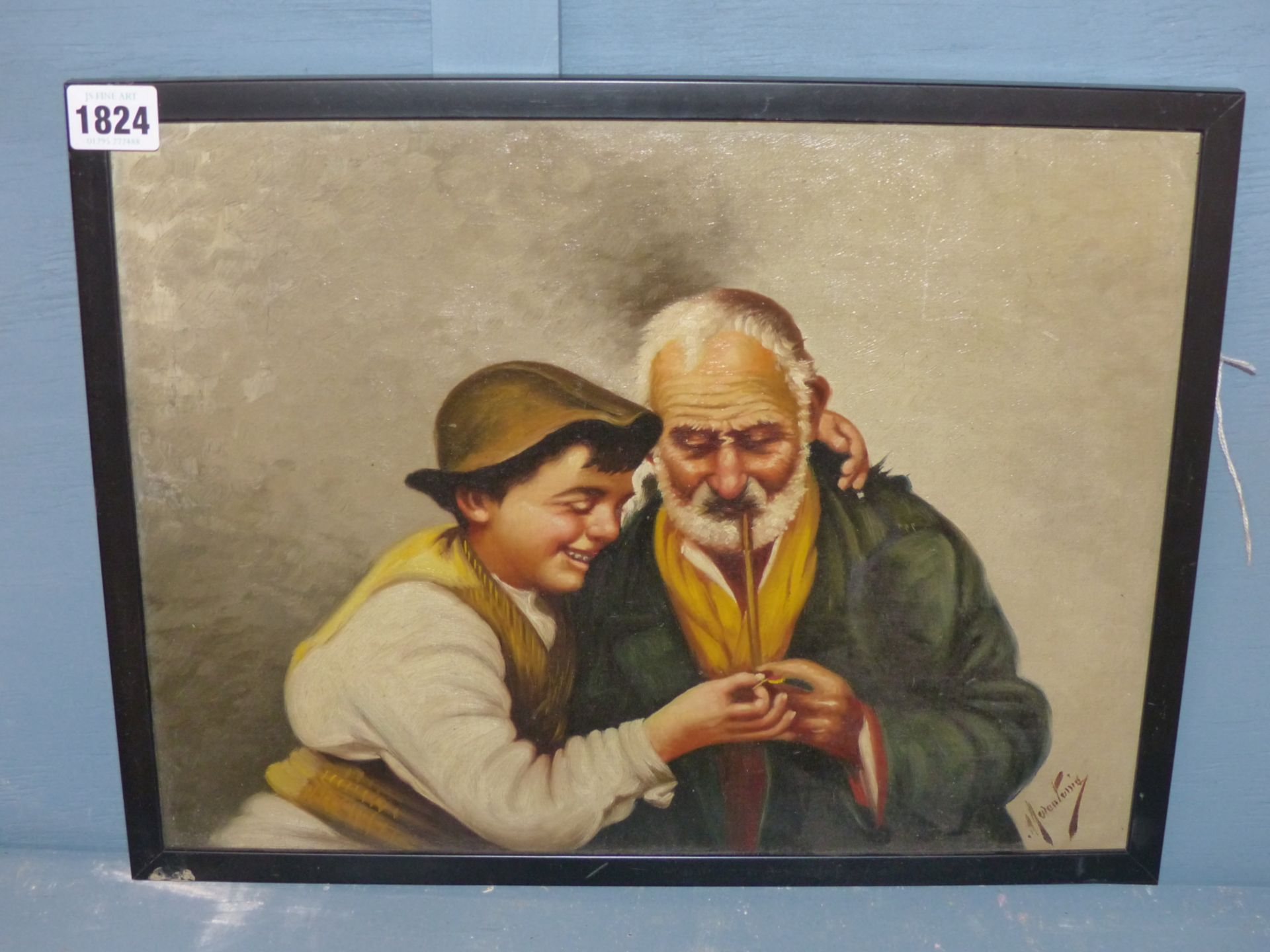 EUROPEAN SCHOOL (20TH CENTURY), YOUNG BOY HELPING AN OLD MAN TO LIGHT HIS PIPE, INDISTINCTLY SIGNED, - Image 2 of 5