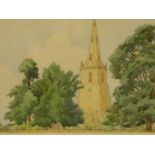 FRANK MOLE, BRITISH 1891-1976. ENGLISH CHURCH SCENE DATED 1952. WATERCOLOUR, 15 X 25.5 CM.