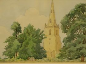 FRANK MOLE, BRITISH 1891-1976. ENGLISH CHURCH SCENE DATED 1952. WATERCOLOUR, 15 X 25.5 CM.
