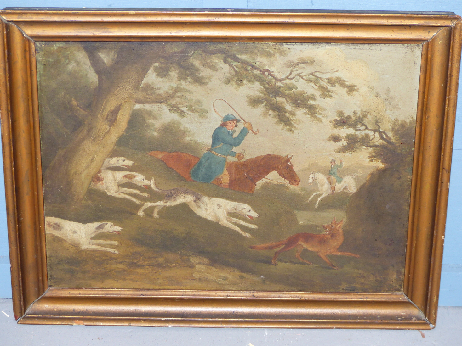 ENGLISH SCHOOL EARLY 19TH CENTURY, FOX HUNTING SCENES, A PAIR, OIL ON PANEL, 38.5 X 29CM. (2) - Image 4 of 5