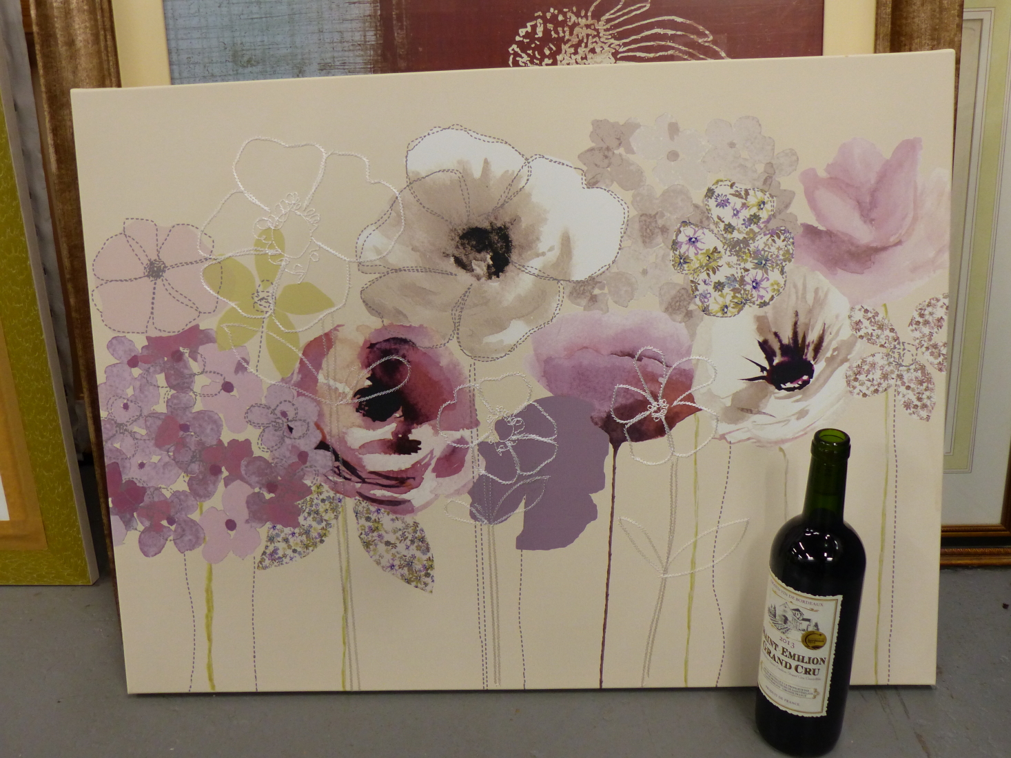 A STITCHED AND PRINTED FLORAL CANVAS, 77 X 57CM TOGETHER WITH A PAIR OF FLORAL CANVAS PRINTS AND - Image 2 of 4