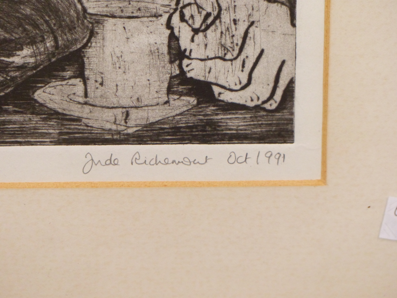 JUDE RICHEMONT, 20THC. UNKNOWN PERSON HUNCHED OVER A CUP OF TEA. NUMBERED EDITION 2/3, DATED OCT - Image 2 of 3